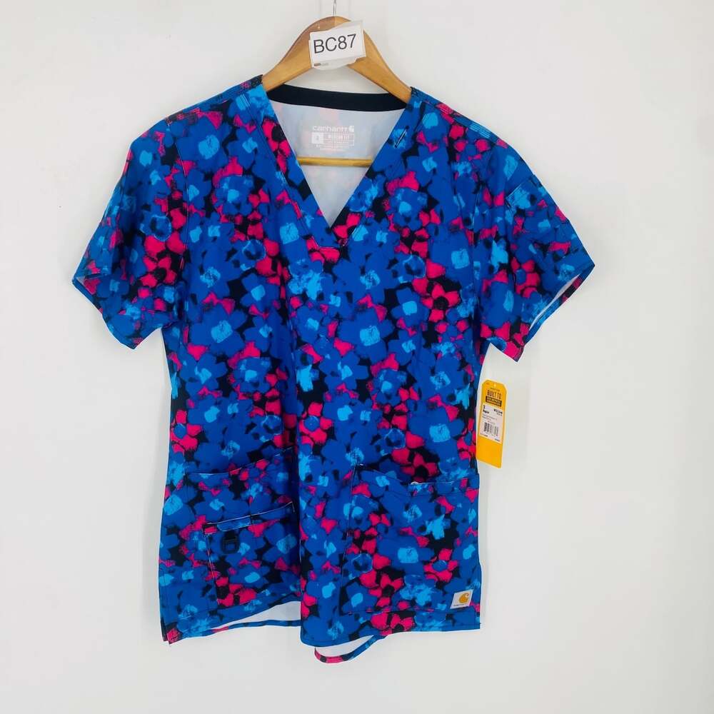 Carhartt Force Cross-Flex Women's Small Floral Scrub Top Blue V Neck NWTs